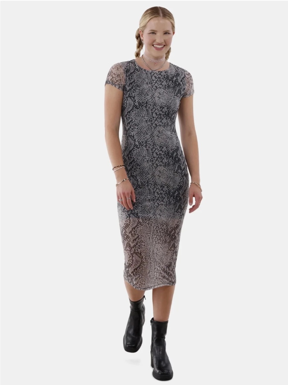 No Boundaries Mesh Gray and Taupe Snake Print Maxi- NWT. Retail 39